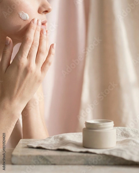 Fototapeta Minimal luxury beauty shot of a woman's hands applying white cream to her cheek next to a jar on a stone slab with linen and sheer curtains
