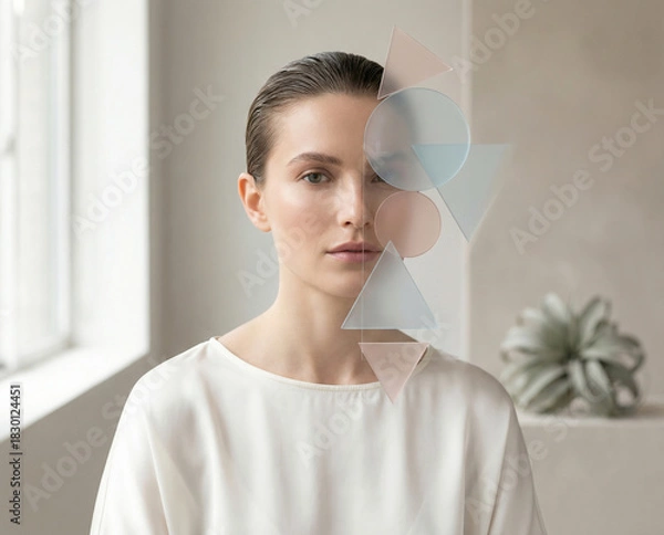 Fototapeta Minimalist high-fashion beauty portrait of a woman with translucent geometric shapes overlaying her face, representing data and abstract concepts