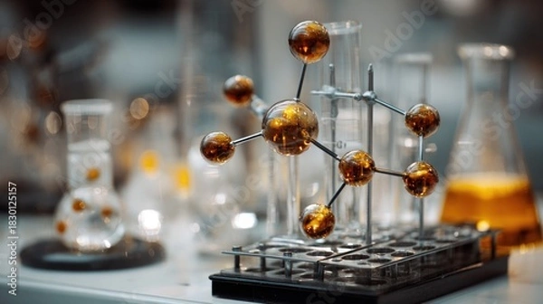 Obraz Chemical structure model alongside scientific laboratory glassware and tools