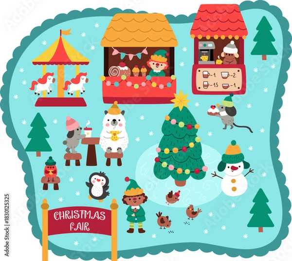 Obraz Vector Christmas fair landscape. Holiday market detailed scene with cute animals, birds drinking coffee, merry-go-round. New year village background for kids with sweet stand with elf