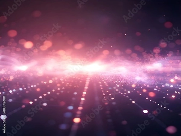 Obraz An abstract image depicting a digital pathway or data superhighway, glowing with magenta, deep red, and purple sparkles and bokeh effects. Shimmering light dots align in a deep perspective.