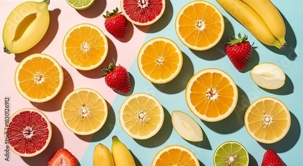 Fototapeta A vibrant flat lay of fresh sliced citrus fruits, strawberries, and bananas on a colorful split background.