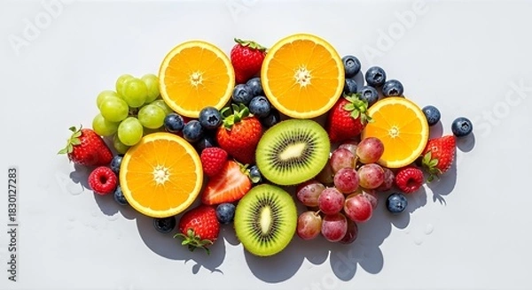 Fototapeta A vibrant assortment of fresh fruits including sliced oranges, strawberries, blueberries, kiwi, raspberries, and green and red grapes arranged on a white surface.