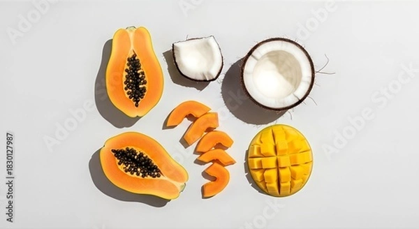 Fototapeta Overhead shot of sliced papaya, coconut pieces, and cubed mango arranged on a white surface, creating a colorful and fresh fruit composition.
