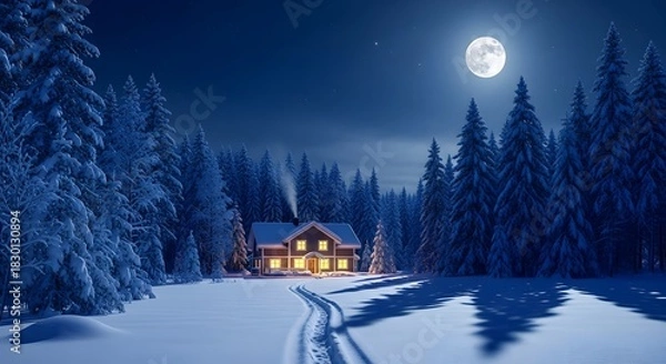 Obraz Snowy cabin scene at night under full moon with trees and winter landscape