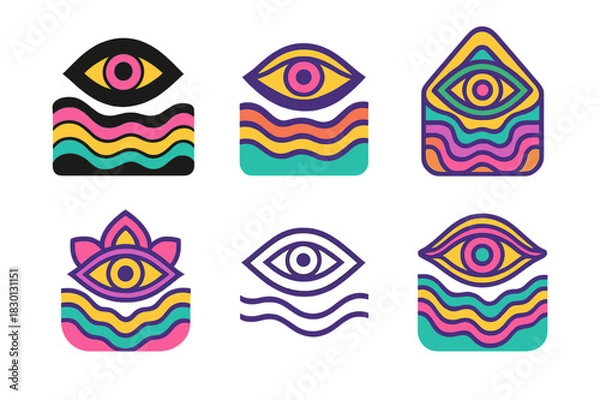Obraz Psychedelic Eye Logos. Psychedelic and trippy designs. Icon set. Set Logo of psychedelic: floating third eye. harmonious logo variations of the same emblematic