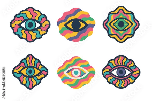 Obraz Psychedelic Eye Logos. Psychedelic and trippy designs. Icon set. Set Logo of psychedelic: floating third eye. harmonious logo variations of the same emblematic