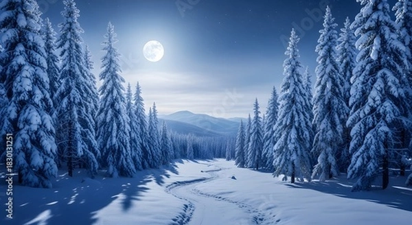 Obraz Snowy forest scene with full moon illuminating winter landscape at night