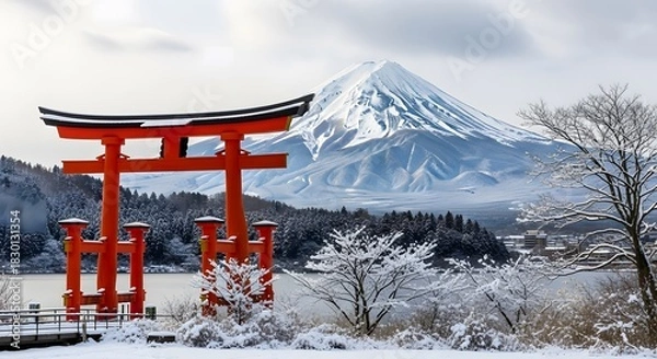 Obraz Snowy landscape featuring traditional gate and mountain with a cloudy sky