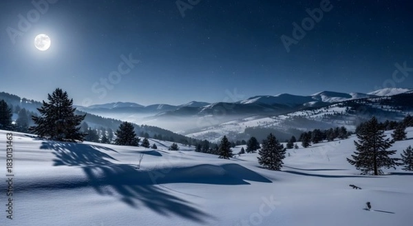 Obraz Snowy mountain landscape under a full moon in the night sky with pine trees