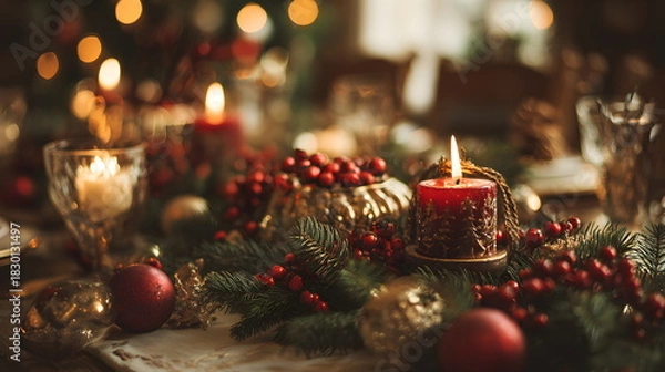 Obraz Rustic Christmas Table Scene With Pine and Candlelight