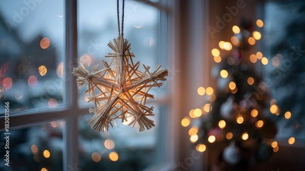 Obraz Magical Christmas Tree Bokeh Behind Straw Star On Window