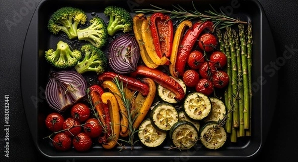 Fototapeta A top-down view of a tray filled with roasted colorful vegetables, ready to eat.