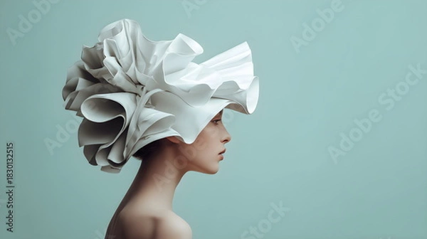Obraz Sculptural fashion hat made of folded white paper, back view of model, clean aesthetic