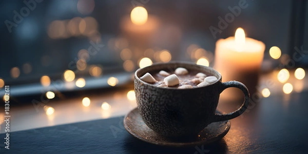 Obraz Top-down view of hot chocolate mug with marshmallows and candle bokeh