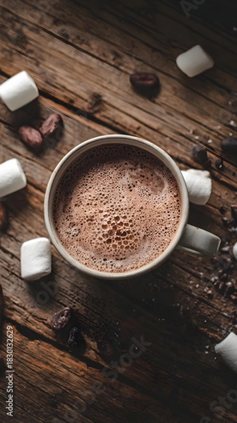 Obraz Rustic wooden table with white mug of cocoa, marshmallows and beans