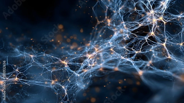 Obraz Cyberpunk AI network visualization, glowing ethereal neural web, digital deep learning threads on dark background