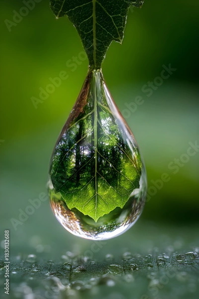 Obraz Macro photography of water droplet reflecting a miniature forest on leaf