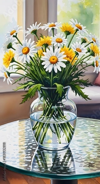 Obraz Vibrant bouquet of daisies and dandelions in a glass vase on a reflective table