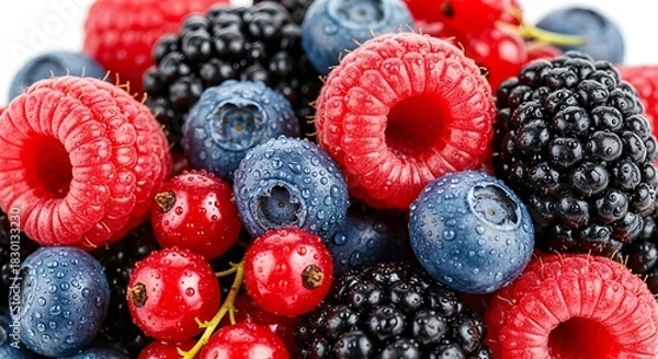 Fototapeta A vibrant close-up of a colorful assortment of fresh, ripe berries, showcasing their textures.