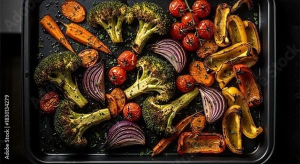 Fototapeta Roasted vegetables including broccoli florets, sliced carrots, red onions, cherry tomatoes, and yellow bell peppers arranged on a dark baking sheet.