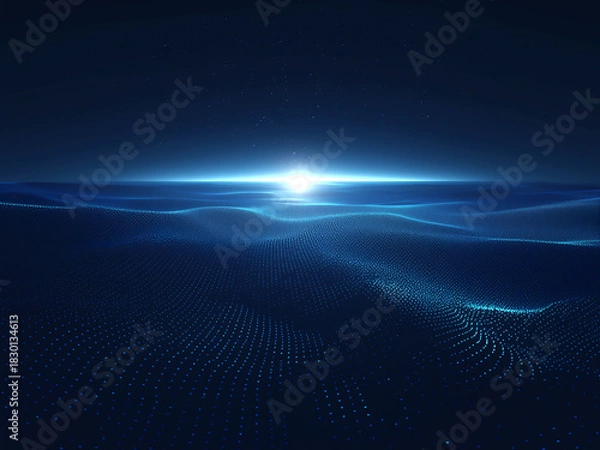 Obraz 青い粒子の波と地平線の光が広がるデジタル空間