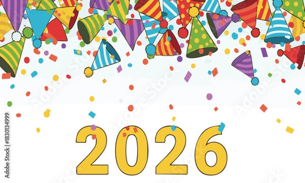 Fototapeta Vibrant New Year 2026 Celebration with Colorful Party Hats and Festive Confetti Raining Down on a White Background