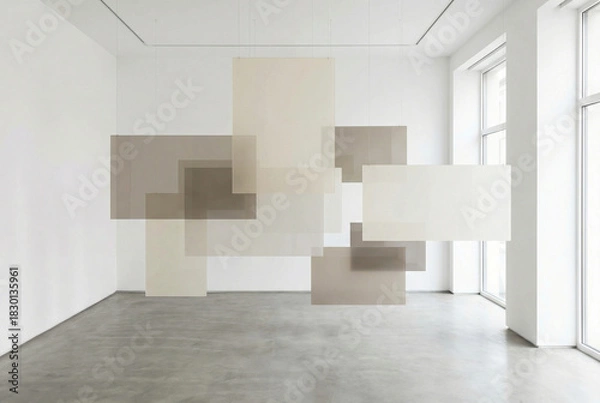 Fototapeta Large geometric composition with multiple floating translucent rectangles in neutral beige and gray tones in a bright, modern art space
