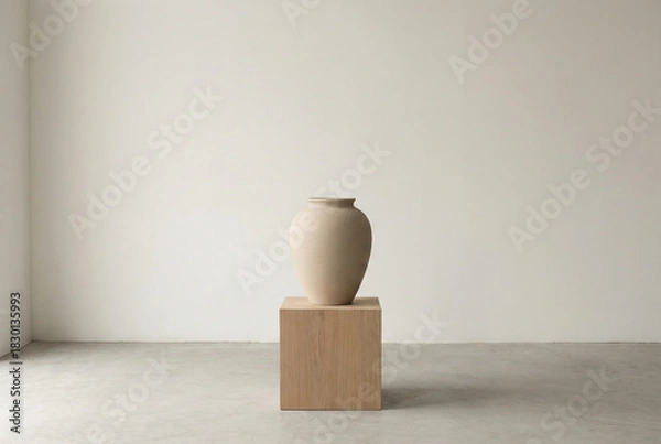 Fototapeta Large matte beige ceramic vase centered on a wooden cube pedestal in a stark, empty minimalist studio with white walls and concrete floor