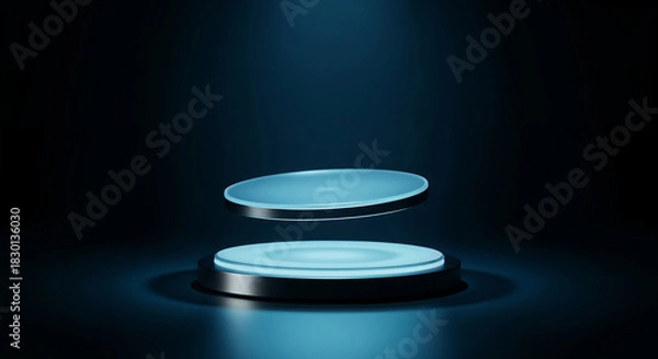 Fototapeta Dark and futuristic double-layered product display podium with neon blue edge lighting, a floating glass platform and a spotlight overhead