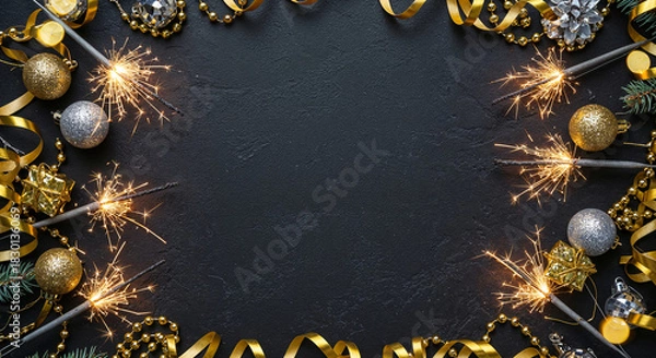 Fototapeta Festive New Year's or Christmas background frame of lit sparklers, golden beads, ribbon, ornaments, and fir branches on a black stone surface
