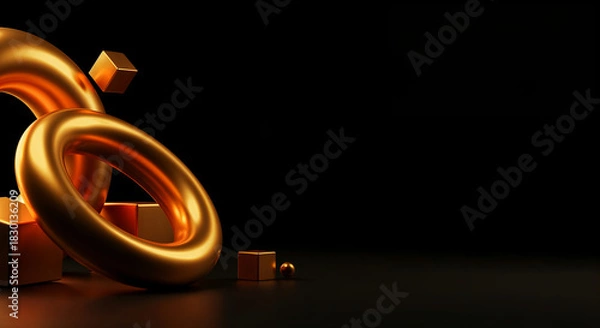 Fototapeta Luxurious abstract composition of smooth bronze metallic 3D rings and cubes on a sleek black reflective surface with dark shadow space