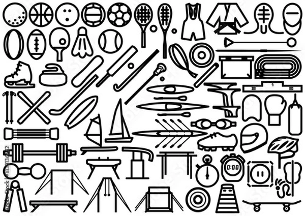 Obraz シンプルな線画のスポーツアイテムのセット
