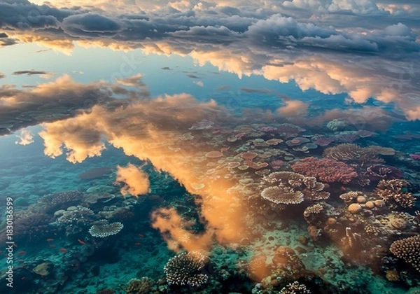 Obraz Stunning aerial view of vibrant coral reef and reflected clouds at sunset