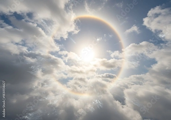 Obraz Stunning celestial phenomenon a solar halo framed by billowing clouds against blue sky