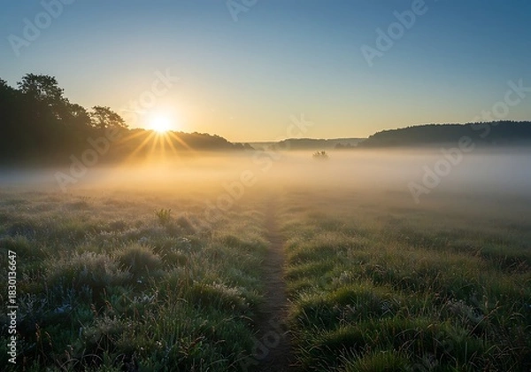 Obraz Sunrise over a misty meadow a serene landscape with golden light