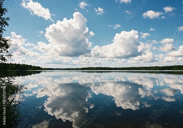Obraz Tranquil lake reflecting blue sky and fluffy clouds on a sunny day