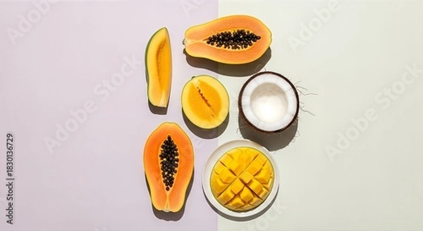 Fototapeta A flat lay of fresh tropical fruits, including sliced papaya, diced mango, and a halved coconut on a split pastel background.
