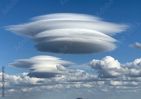 Obraz Unusual lenticular clouds in blue sky formation atmospheric natural phenomenon