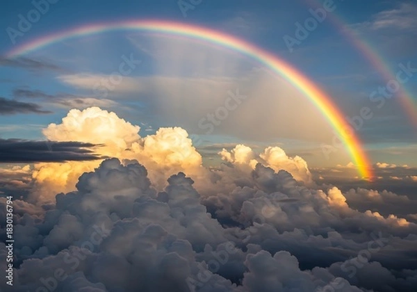 Obraz Vibrant rainbow arcs across cloudy sky with sunlight and atmospheric effects