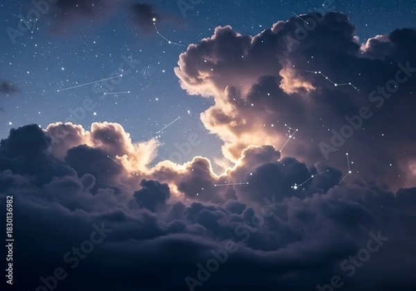 Obraz Dramatic cloudscape with celestial stars and constellations at twilight