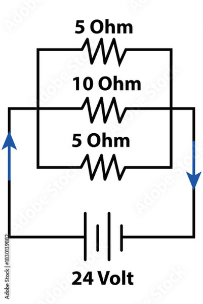 Fototapeta Electrical Circuit Diagram With 5 Ohm, 10 Ohm, 5 Ohm Resistors And 24 Volt Source