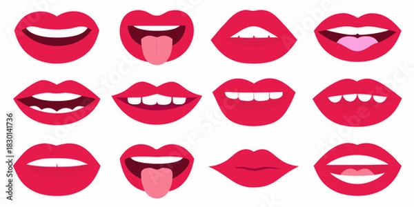Fototapeta Collection of red lips with different expressions and mouth positions on white background