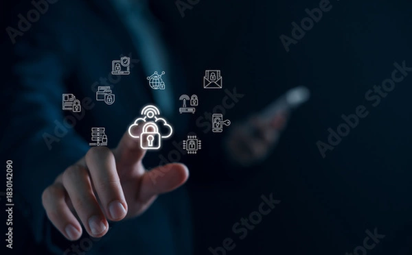 Fototapeta Cybersecurity dashboard interface showing data protection, man login and network technology, digital padlock security systems, privacy controls.