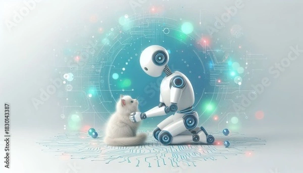 Obraz Ai humanoid robot taking care of cat in digital society, pet protection, Digital monitoring, cloud computing, Imagination of the future world 