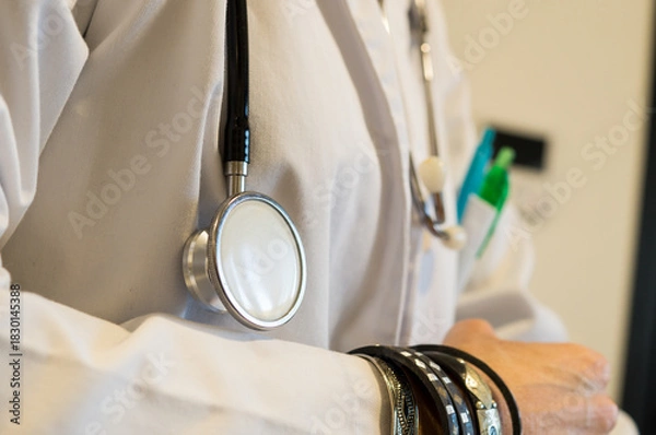 Obraz Unsanitary Medical Practice, Doctor's Arm with Bracelets Near Stethoscope, Infection Control Concern