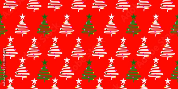 Obraz Abstract Christmas tree background with red ornaments and holiday decorations. White, green alternating Christmas trees.
