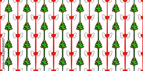 Obraz Red hearts and Christmas seamless pattern with leaves and berries for holiday. Festive background, wrapping paper, banner.