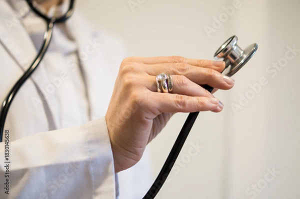 Obraz Close-up of Female Doctor's Hand with Rings Holding Stethoscope, Questionable Sterilization Practices