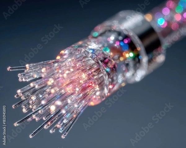 Fototapeta Colorful Fiber Optic Cable with Bright Bokeh Effect in Dark Background